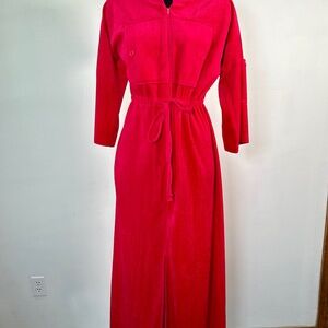 Vintage NOS 80s Red Velour HOODED Robe Maxi Dress Zip Front M/L Lisette Sporty M